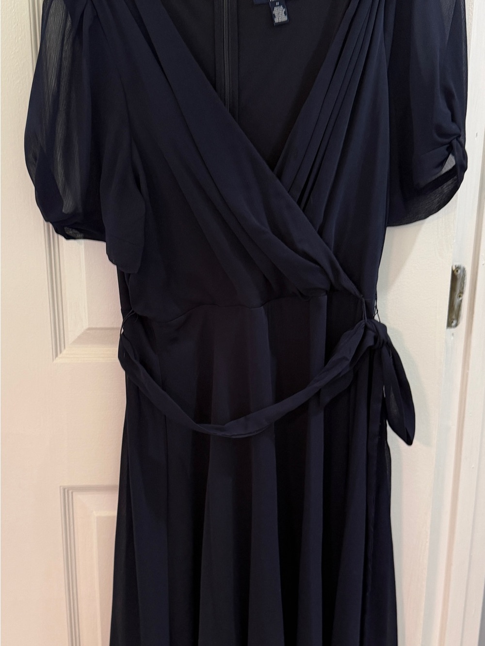 Chaps Navy Wrap Midi Dress with Tie Waist